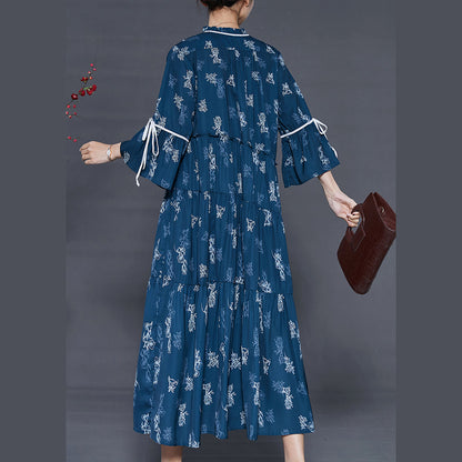 Navy Print Cotton Holiday Dresses Exra Large Hem Summer