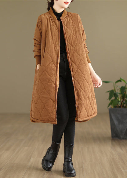 Khaki Pockets Zippered Warm Fleece Coat Winter