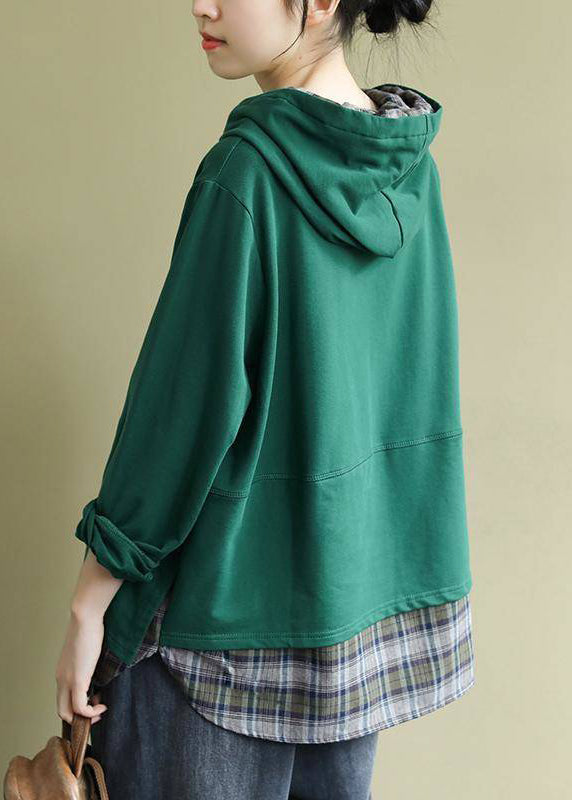 Classy Green Hooded Drawstring Graphic Fake Two Piece Sweatshirts Top Spring