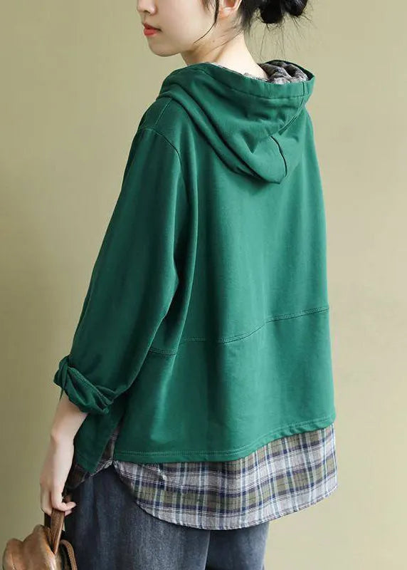 Classy Green Hooded Drawstring Graphic Fake Two Piece Sweatshirts Top Spring