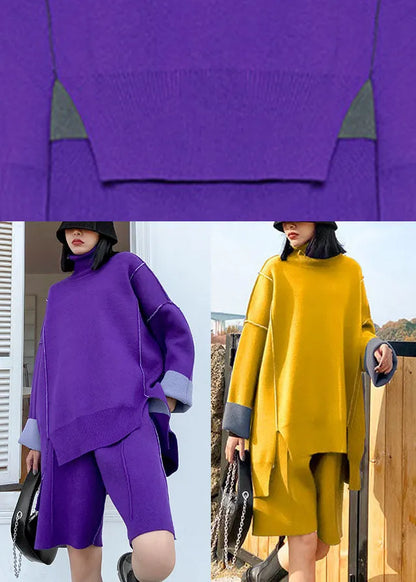 Unique Purple Asymmetrical Design Patchwork Knit Fall Two Pieces Set