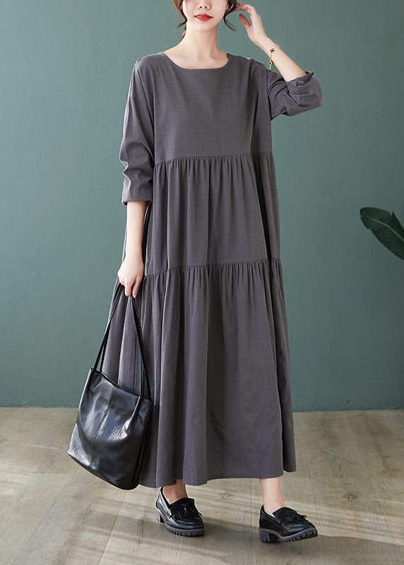 Grey Loose Pockets Wrinkled Fall Vacation Dresses Long Sleeve