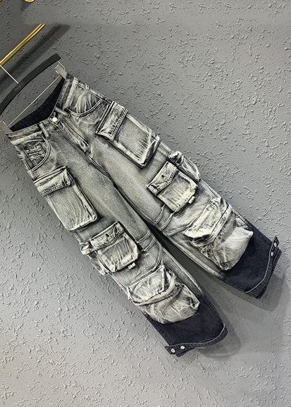 Gradient Color Grey Pockets Patchwork Straight Jeans Spring