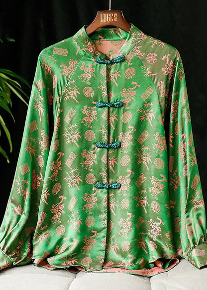 Green Stand Collar Button Print Silk Shirt Tops Long Sleeve
