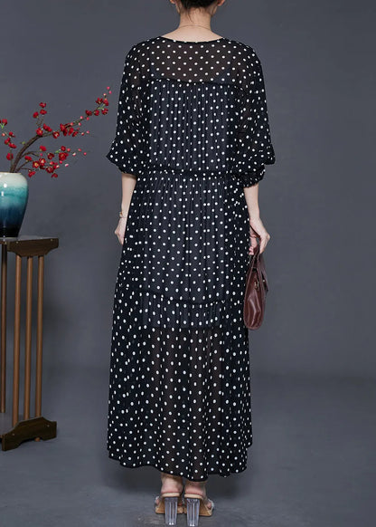 Black Print Chiffon Dresses Drawstring Exra Large Hem Summer