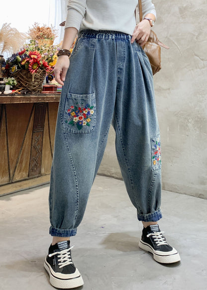 Denim Blue Embroideried Elastic Waist Pockets Cotton Harem Pants Summer