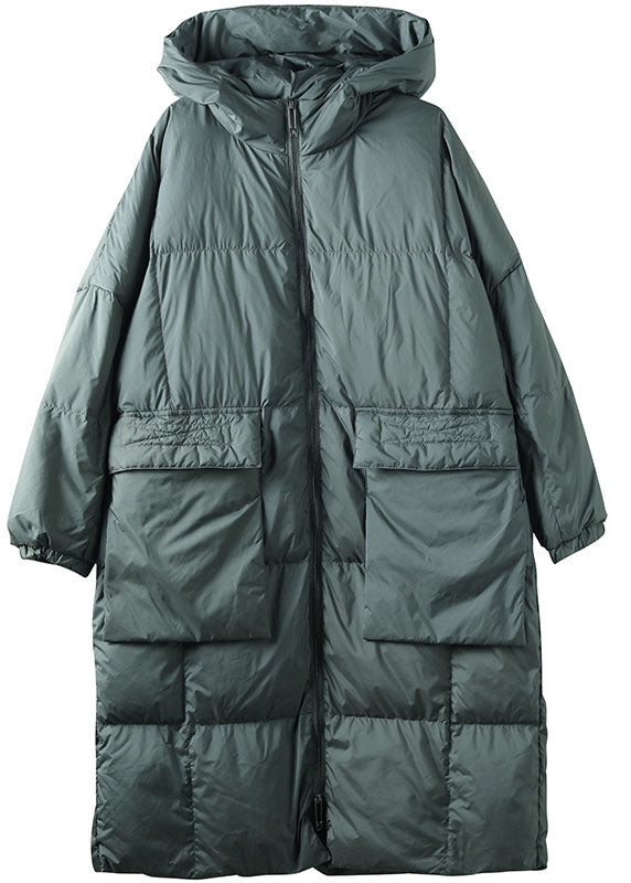 Green Hooded Zippered Pockets Winter Down Coat Long Sleeve