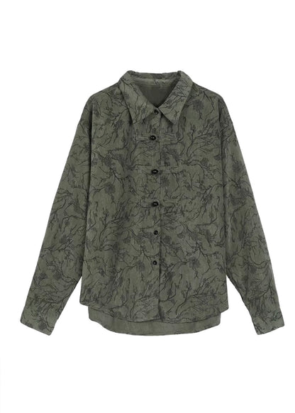 Green Peter Pan Collar Chinese Button Cotton Shirt Tops Fall