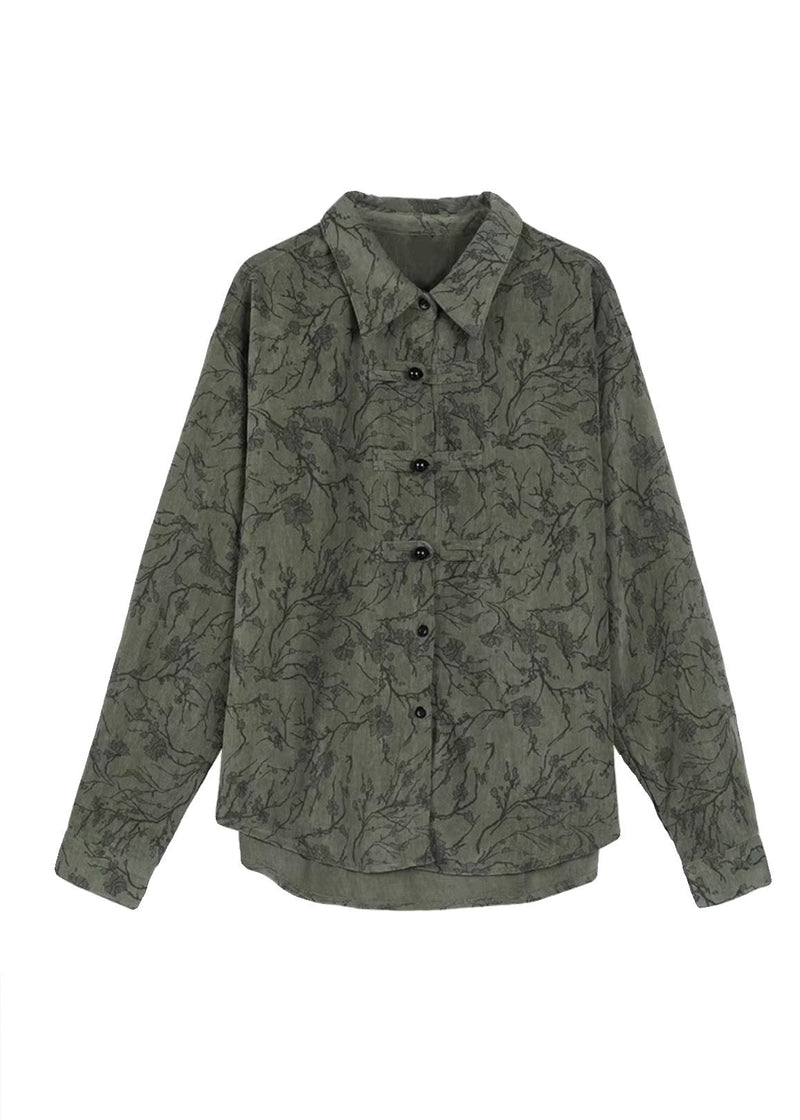 Green Peter Pan Collar Chinese Button Cotton Shirt Tops Fall