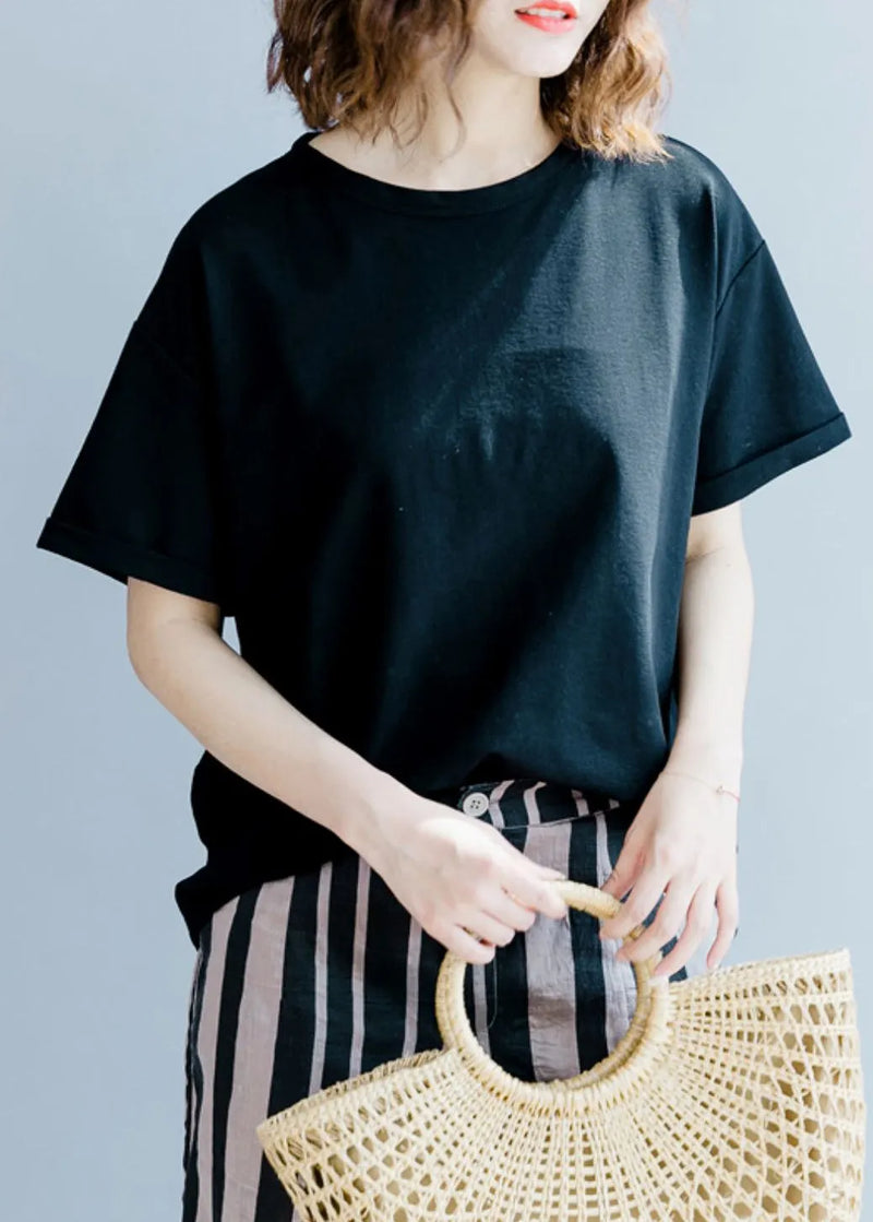 Organic Black O-neck Bow Cotton Tops Short Sleeve
