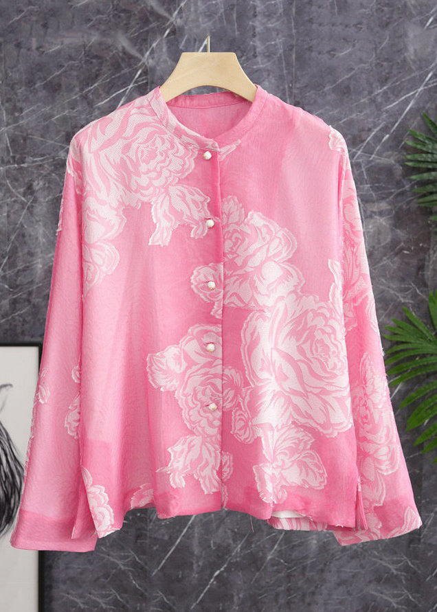 Pink O Neck Button Print Silk Shirt Long Sleeve