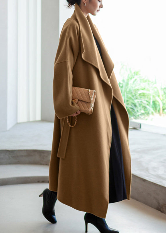 Camel Colour Peter Pan Collar Pockets Woolen Coat Long Sleeve