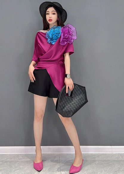 Classy Purple Red Asymmetrical Design Silk Shirt Vestidos Short Sleeve