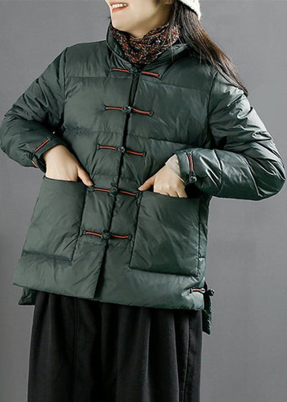 Green Button Pockets Duck Down Coats Long Sleeve