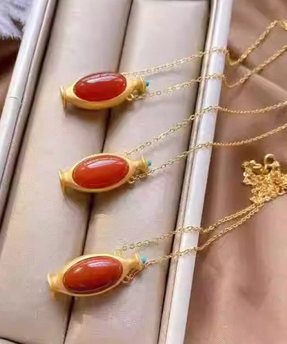 Red Sterling Silver Overgild Agate Pendant Necklace