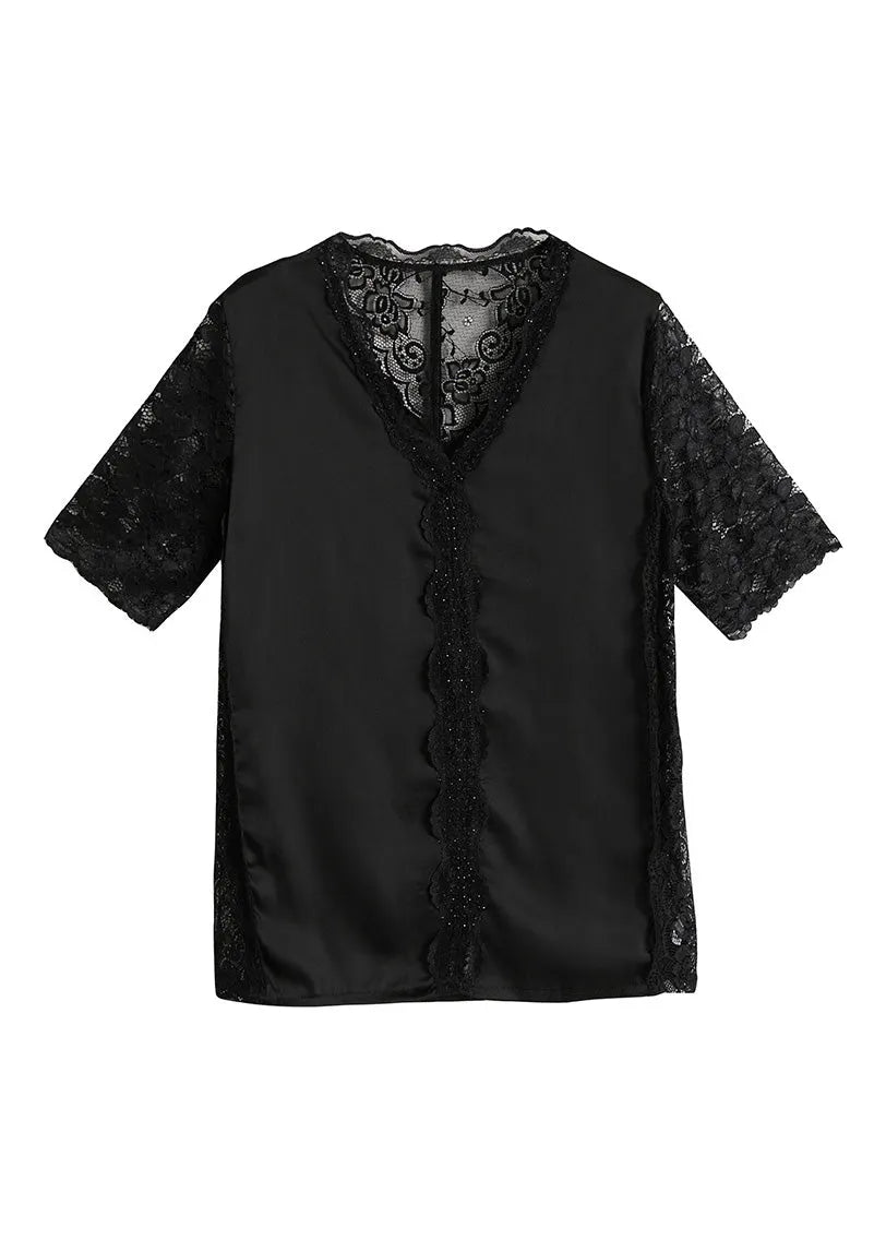 Black V Neck Lace Patchwork Top Short Sleeve Summer