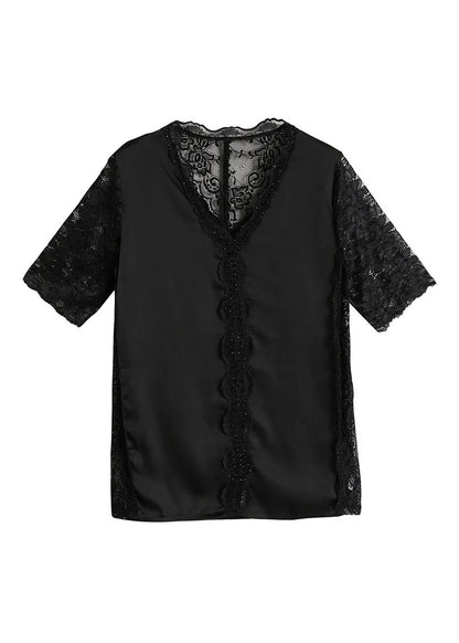 Black V Neck Lace Patchwork Top Short Sleeve Summer
