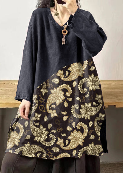 Black Flower V Neck Embroidered Patchwork Linen Mid Dresses Fall