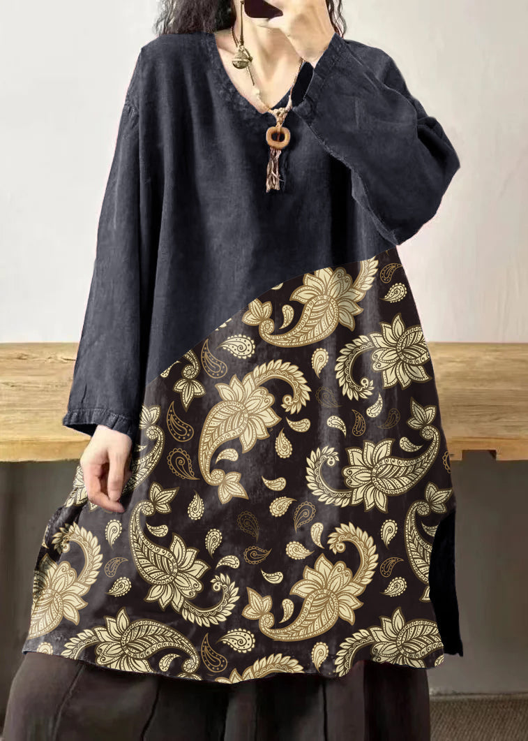 Black Text V Neck Embroidered Patchwork Linen Mid Dresses Fall