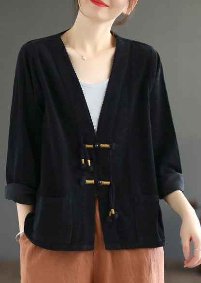 Black V Neck Tasseled Button Patchwork Corduroy Coat Fall