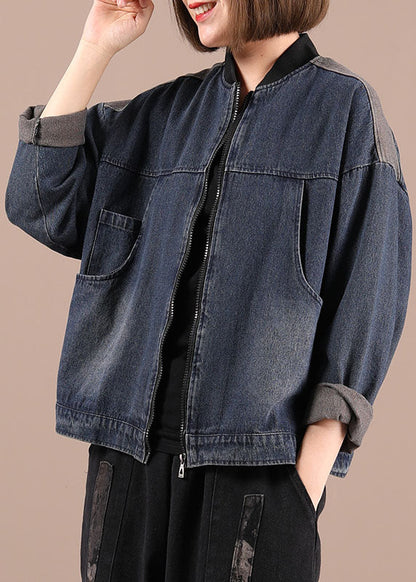 Blue Denim Zippered Pockets Fall Coat Long Sleeve