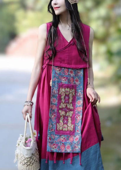 Rose V Neck Patchwork Linen Dresses Sleeveless