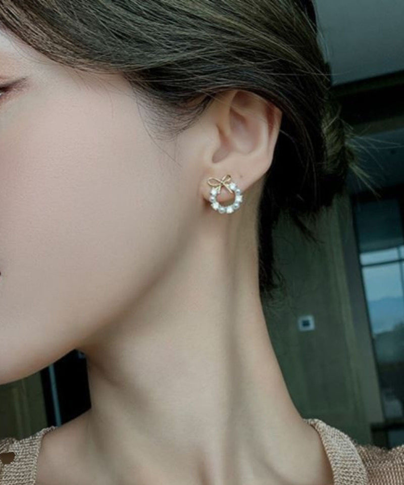 Gold Copper Alloy Zircon Pearl Bow Hoop Earrings
