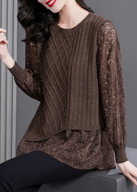 Coffee O-neck Knit Patchwork Fake Two Pieces Top Fall