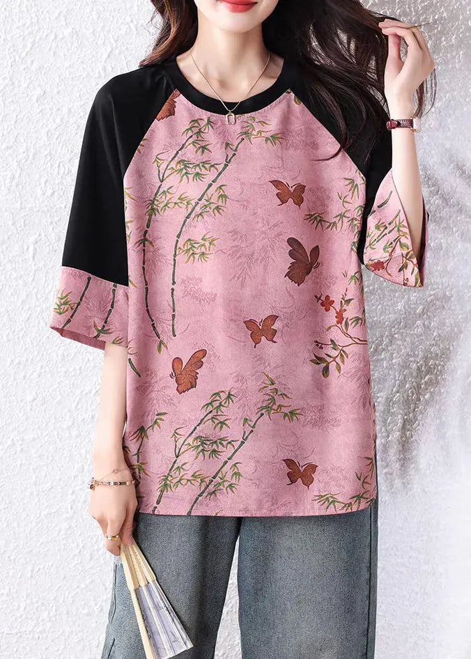 Loose Pink Print Patchwork Cotton T Shirt Bracelet Sleeve