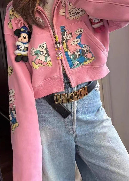 Novelty Pink Oversized Cartoon Print Cotton Hooded Jacket Fall