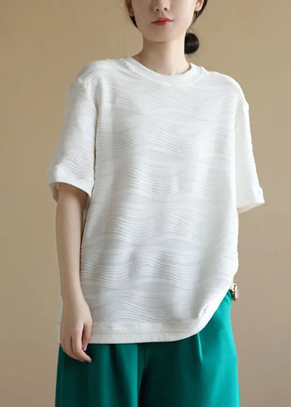 White O-neck Wrinkled Cotton Tanks Short Sleeve