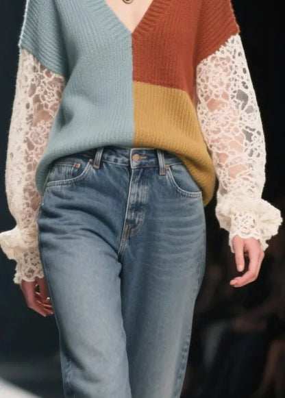 Colorblock Patchwork Lace Knit Tops Hollow Out Fall