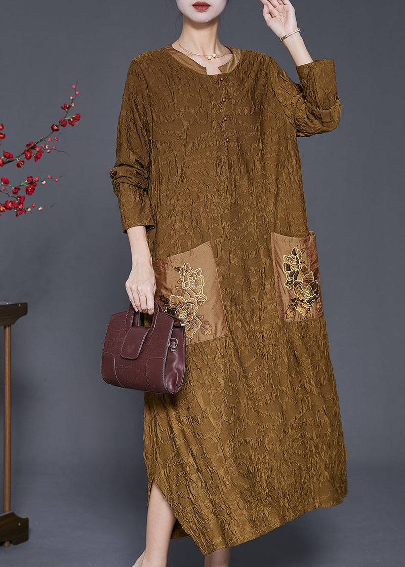 Fine Yellow Embroideried Wrinkled Silk Long Dress Fall