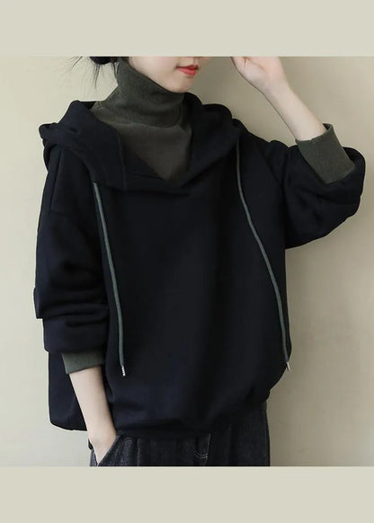 Italian Black Hooded Patchwork Fine Cotton Filled Sweatshirt Spring