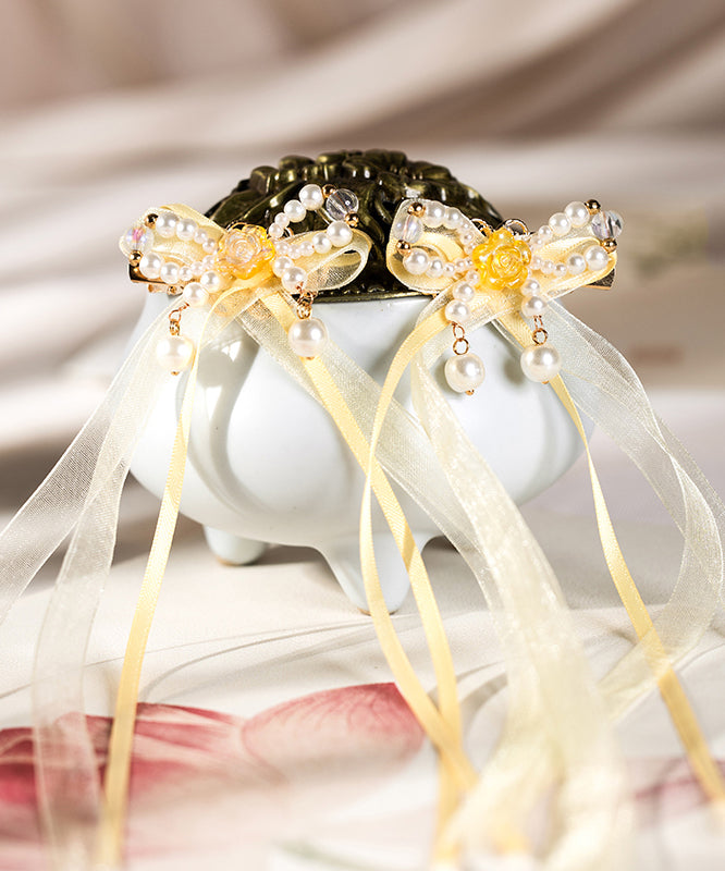 Yellow Copper Alloy Chiffon Pearl Colored Glaze Ribbon Kids Hairpin