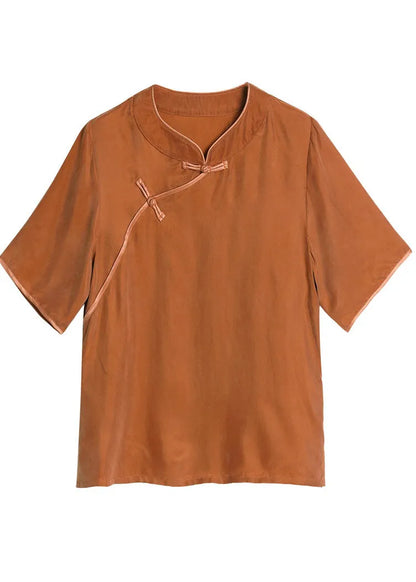 Rose O-neck Oriental Button Color Silk Shirt Top Short Sleeve
