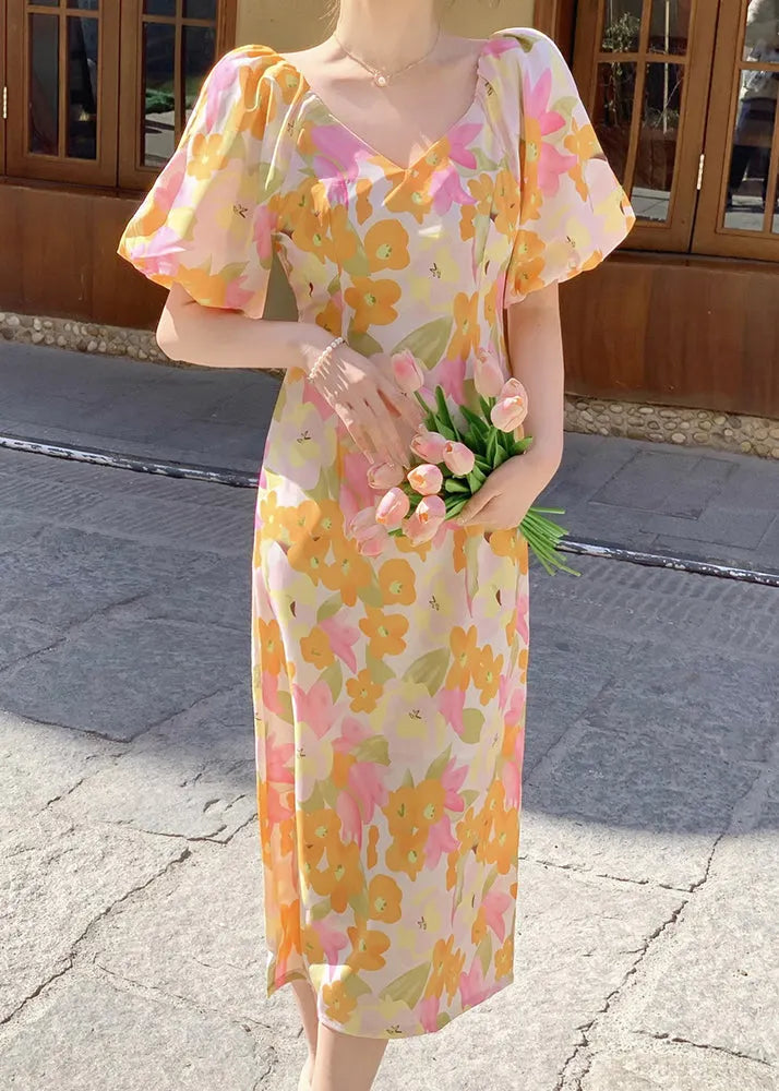 French V Neck Print Side Open Cotton Long Dress Summer