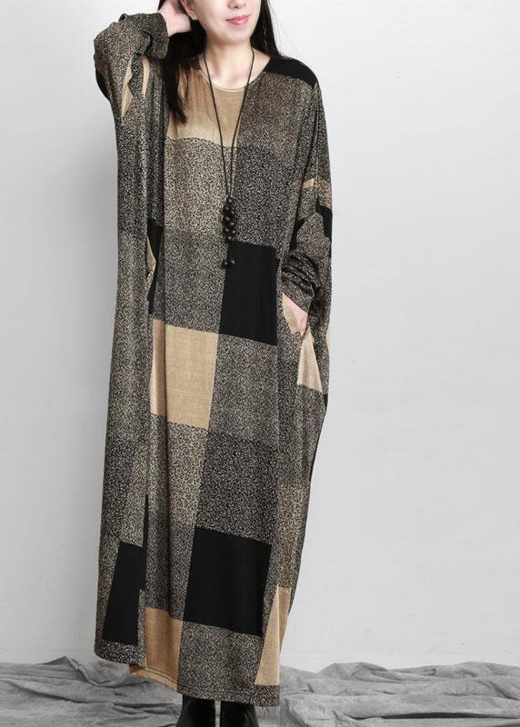 Plaid Pockets Long Sleeve Maxi Dresses Fall