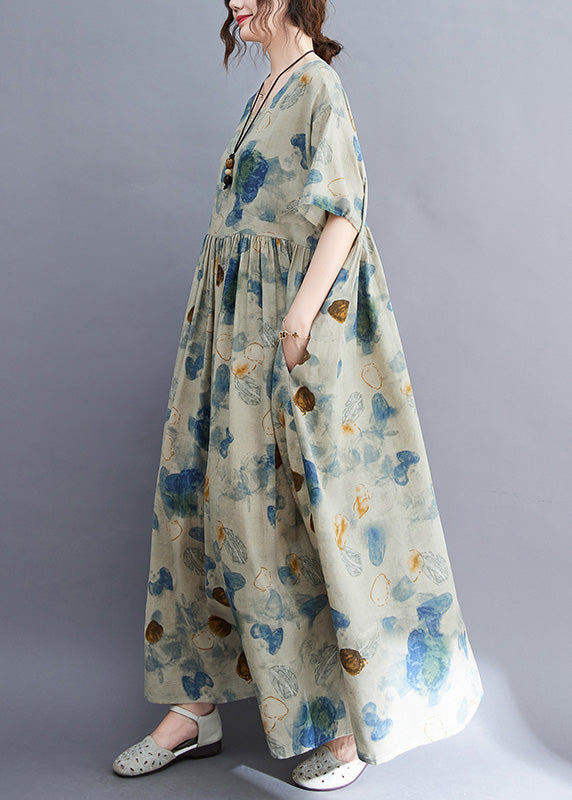Natural O-neck Print Wrinkled Long Dress Summer