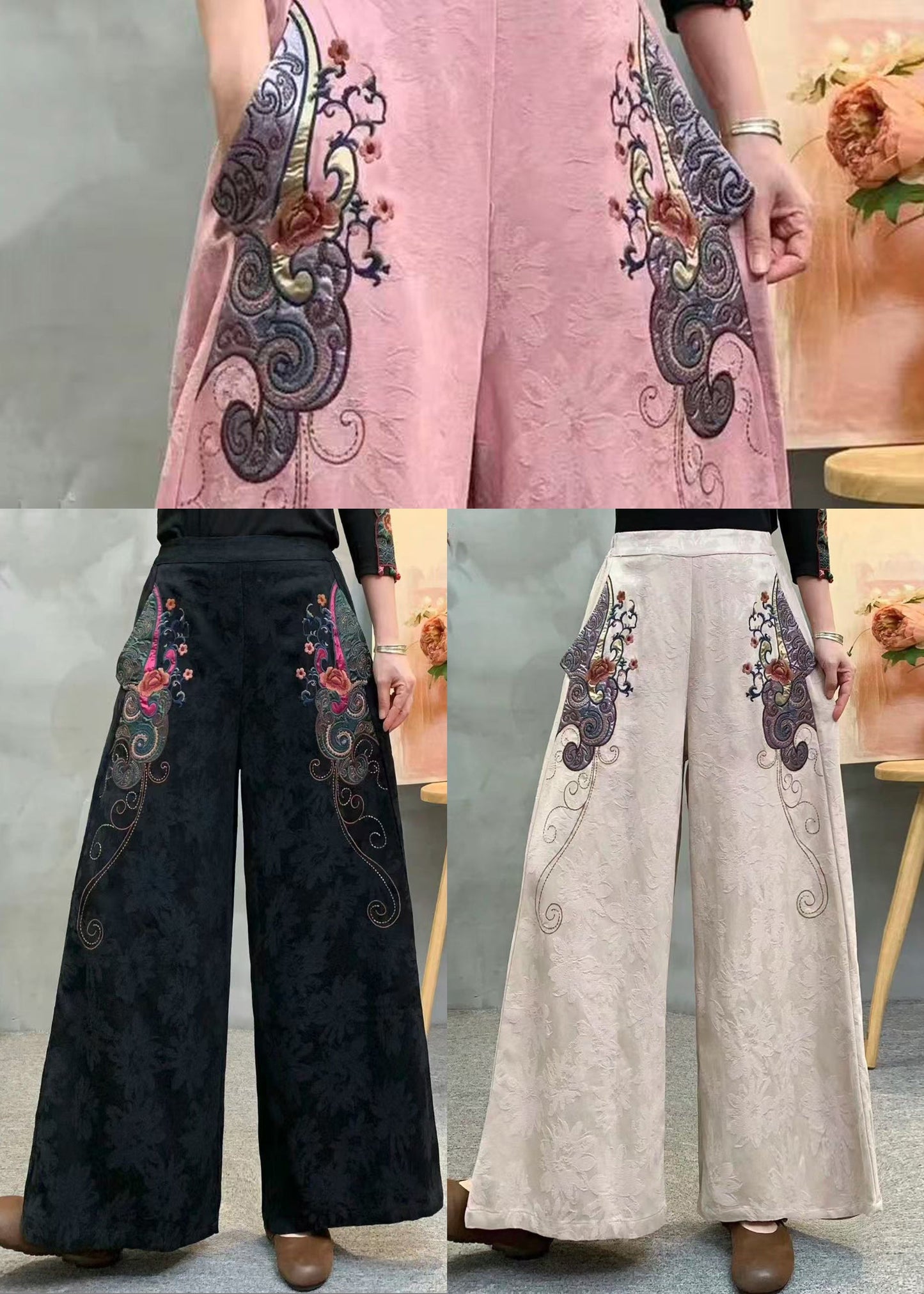 Beige Embroidered Jacquard Draping Cotton Pants Spring