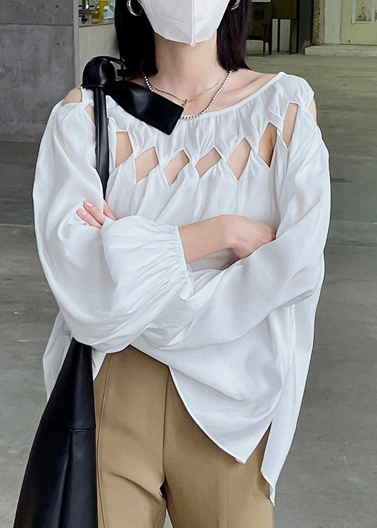White O Neck Hollow Out Patchwork Cotton Shirt Top Fall