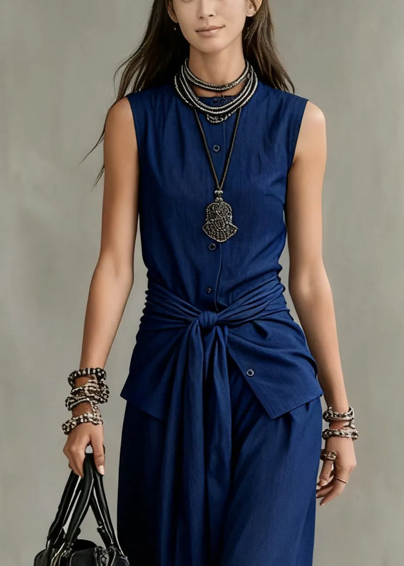 French Navy O Neck Button Tie Waist Denim Two Pieces Set Sleeveless