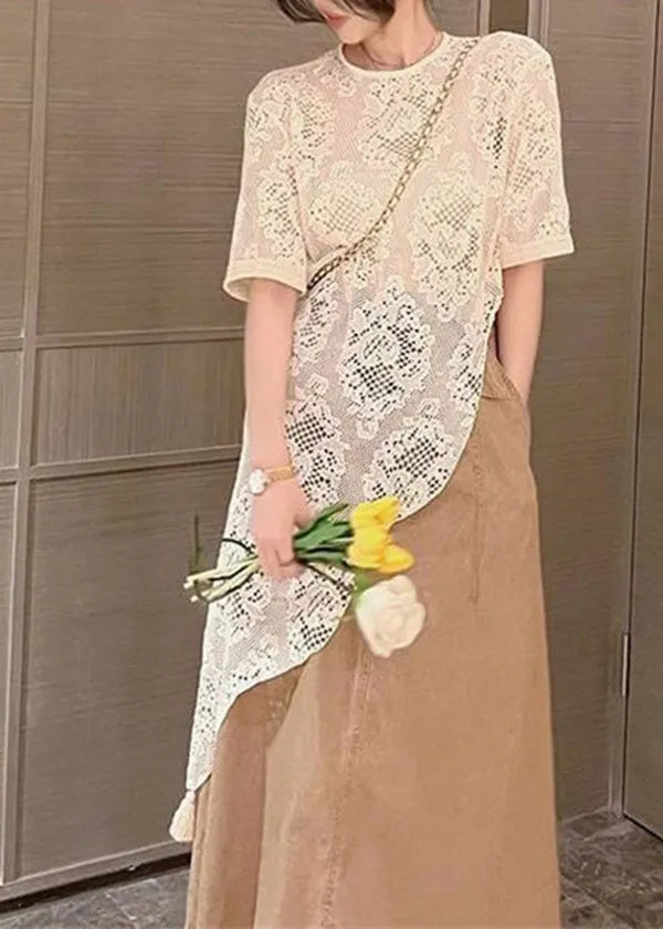 Beige Asymmetrical Hollow Out Lace Top Summer