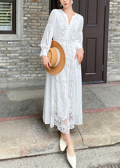 White V Neck Embroidered Lace Up Cotton Long Dresses Fall