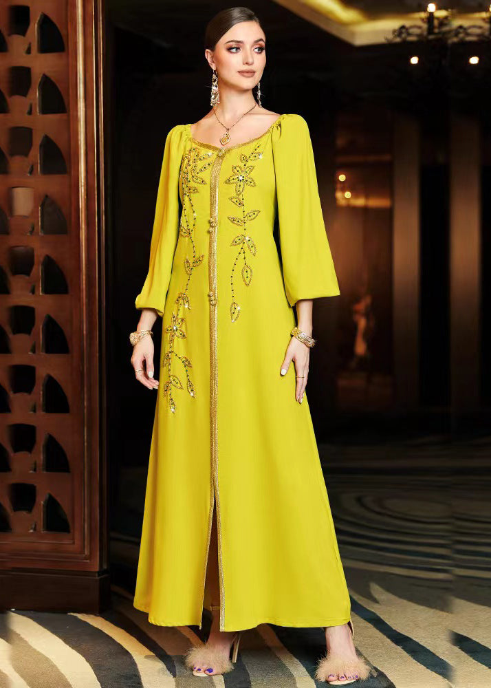 Diy Yellow Patchwork Beaded Light Silk Dress Fall
