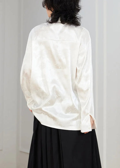 White Jacquard Button Loose Silk Shirt Top Stand Collar
