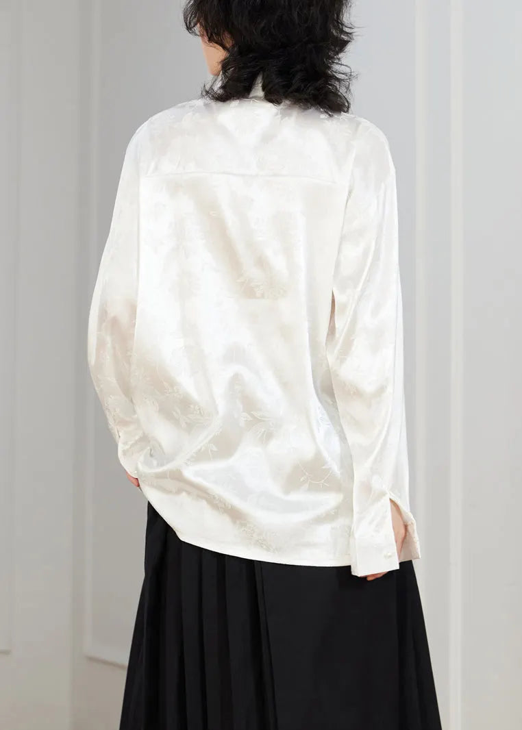 White Jacquard Button Loose Silk Shirt Top Stand Collar