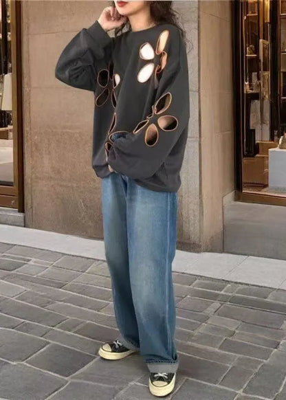 Grey Oversized Hollow Out Cotton Pullover Spring