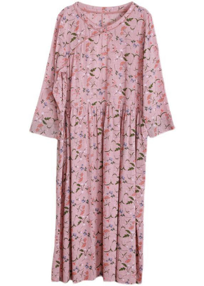 Diy Pink Print V Neck Long Sleeve Party Summer Cotton Dress