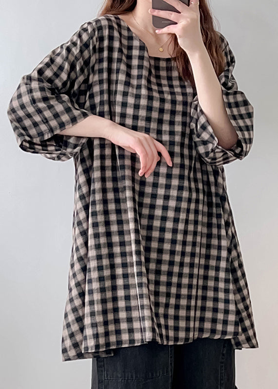 Black White Plaid Oversized Linen Long Tops Half Sleeve